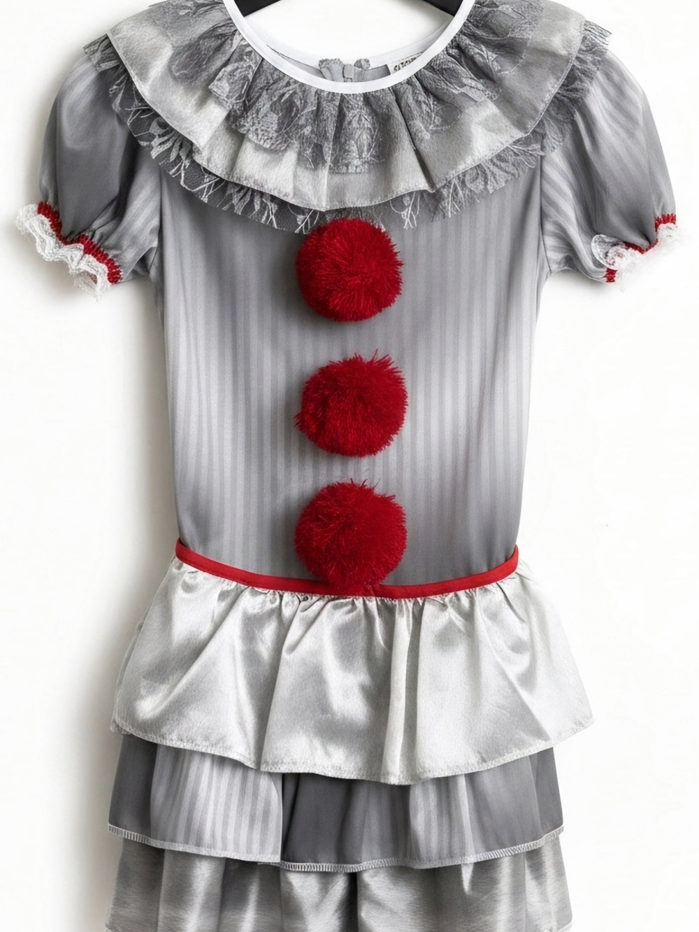 Kids Silver Clown Costume Dress with Red Pom-Pom Accents